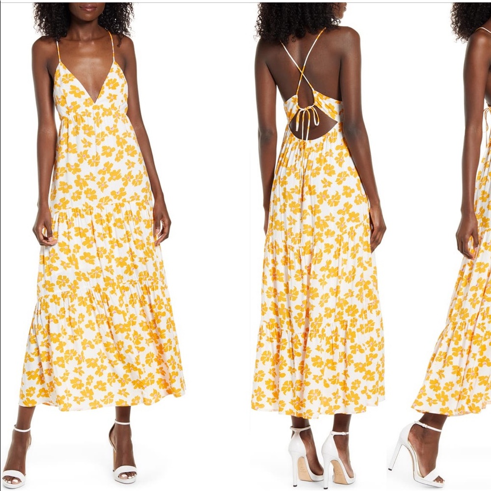 All in Favor Tiered Maxi Strappy Floral Dress Yellow